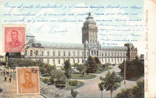 L358 Argentina Rosario R.A. Plaza San Martin y Tribunales Vintage Postkarte