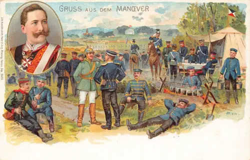 L031 Deutschland Gruss aus dem Manoever Kaiser Wilhelm Militär Litho Postkarte