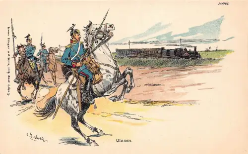 L031 Deutschland Ulanen Kavallerie Zug Militär Litho signierte Postkarte