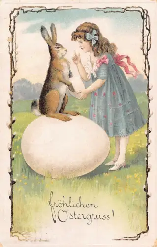 L226 Ostergrüße 1914 Mädchen Hase Ei Blumen geprägte Postkarte