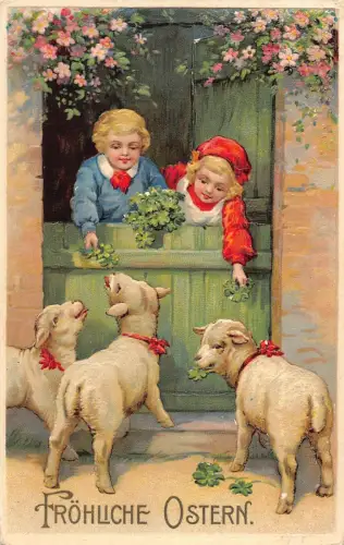 L226 Ostergrüße 1915 Kinder Lämmer Kleeblatt Blumen geprägte Postkarte