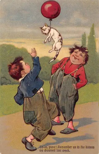 L030 Kinder Katze Ballon 1908 Humor geprägt Vintage Postkarte