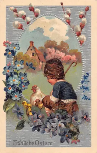 L226 Ostergrüße 1912 Junge Küken Henne Blumen Prägepostkarte