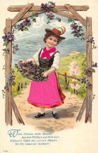 L226 Grüße Mädchen Kostüm Seidenkleid Blumen geprägt Postkarte