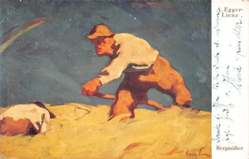 L352 Gemälde 1929 A Egger Lienz Bergmaeher Bauer Heu Vintage Postkarte