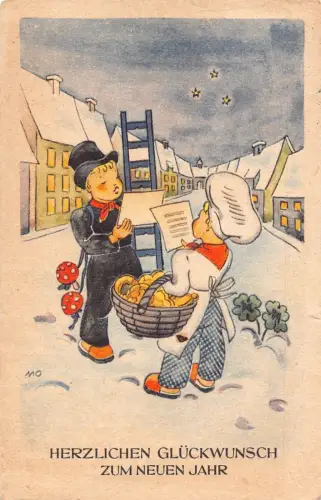 L226 Neujahr 1948 Kinder Schornsteinfeger Pilze Kleeblatt Glück Postkarte