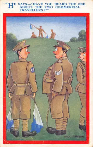 Humorsatire verwirrte Soldaten Flaggen signalisieren Postkarte zwei kommerzielle Reisende