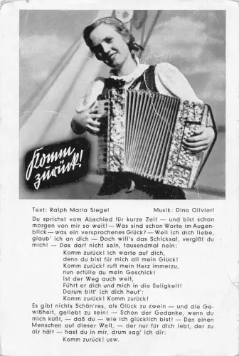 Liederkarte Komm zurueck, Ralph Maria Siegel Akkordeonistin Frau Postkarte