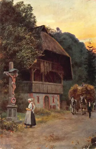 Kunst Frau betet am Kreuz Heukutsche Schwarzwaldhaus Vintage Postkarte