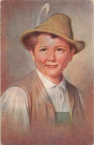 Deutscher Junge in Tracht mit Hut Portrait Vintage Postkarte