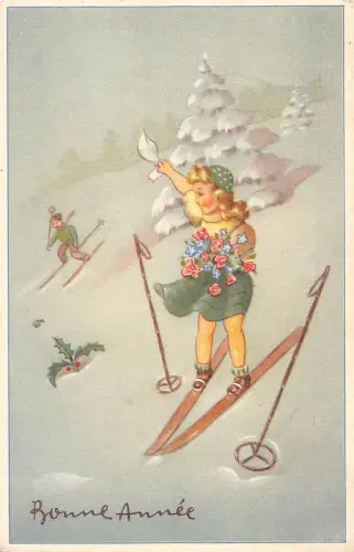 Neujahrsgrüße Kinder Skifahren Heiliger Baum Blumenstrauß Vintage Postkarte