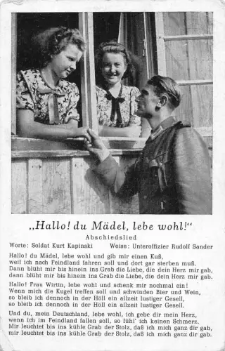 Kriegsliedkarte Hallo! du Maedel lebe Wohl! Postkarte Soldat hält Hände Mädchen