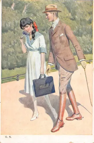 Liebesromantik 1921 Paar Walking Girl riecht Blume Musik Tasche Vintage Postkarte
