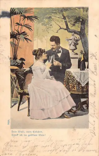 Paar klirrende Gläser Sektflasche Ball Kleid Romantik 1904 Postkarte