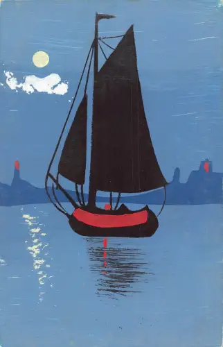 Segelboot Abfahrt bei Mondschein Handbemalte Vintage Postkarte
