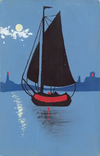 Handgemaltes Segelboot bei Mondschein Vintage Postkarte