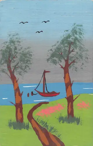 Handgemalte alte Postkarte mit malerischer Aussicht Waldstraße Bäume Boot Vögel.