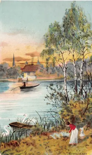 Kunst signiert Greisinger Dorf Landschaft Boot Mutter Tochter Fischer Postkarte