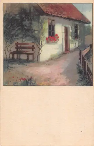 Passepartout Kunst Land Weißes Haus Bank Vintage Postkarte