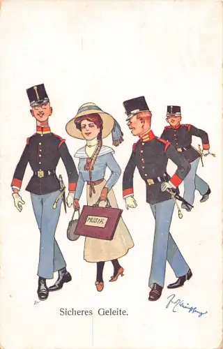 Flirtende junge Soldaten um Frau sichere Eskorte gezeichnete Kunst 1913 Postkarte