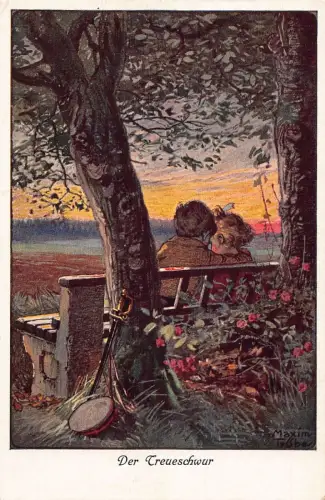 Loyalität Soldat und Frau Paar auf Bank Sonnenuntergang Schwert Hut Kunst M Trube Postkarte