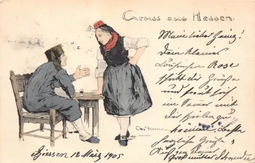 L409 Deutschland Gruss aus Hessen 1905 Paar Tracht Vintage Postkarte