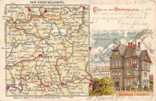 L409 Deutschland Gruss aus Waldbroel 1902 Karte Kreishaus Litho Vintage Postkarte