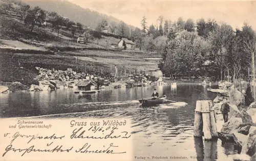 A130 Deutschland 1904 Gruss aus Wilbad Schwanensee Gartenwirtschaft Boot Postkarte