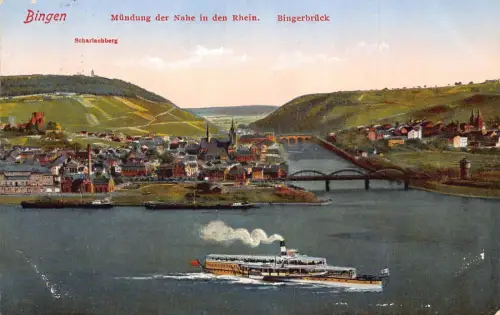 A119 Deutschland 1925 Bingen Mündung der Nahebrücke Dampfschiff Vintage Postkarte