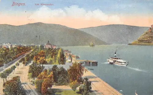 A119 Deutschland 1926 Bingen a Rh Am Rheinufer Dampfschiff Vintage Postkarte
