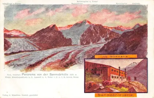 A120 Österreich Künstlerkarte signiert Panorama von Sanmoarhütte Hütte Berg Postkarte