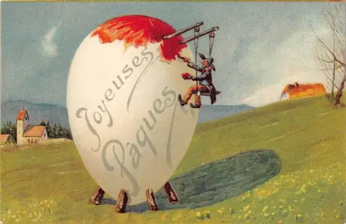 L229 Ostergrüße 1907 Gemälde rotes Riesenei geprägt Fantasie Postkarte