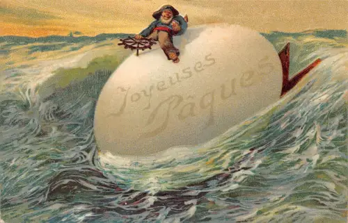 L229 Ostergrüße Boot Ei auf dem Meer geprägte Fantasie Postkarte