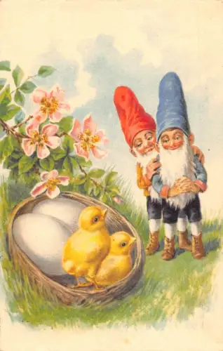 L229 Ostergrüße 1945 Zwerge Küken Eier Blumen Fantasy Postkarte