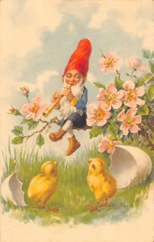 L229 Ostergrüße 1936 Zwerg spielt Flöte Küken Blumen Fantasy Postkarte