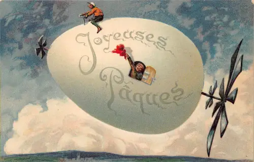 L229 Ostergrüße 1911 Fliegendes Ei Flugzeug Fantasie Prägepostkarte