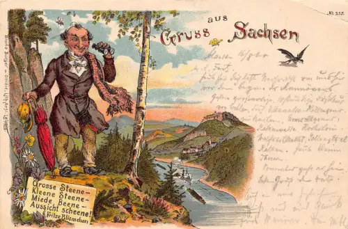 L091 Deutschland 1900 Gruss aus Sachsen Karikatur Comic Litho Postkarte