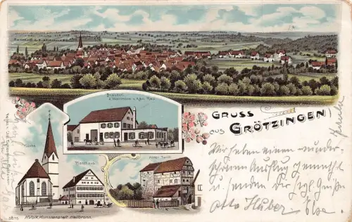 L091 Deutschland 1907 Gruss aus Groetzingen Brauerei Panorama Litho Vintage Postkarte