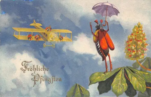 L091 Deutschland 1951 Insekten vermenschlichter Flugzeugschirm Pfingsten Fantasie Postkarte
