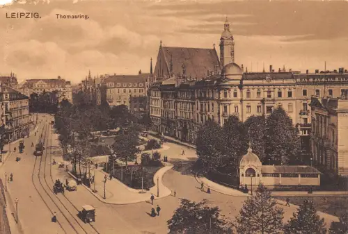 L017 Deutschland 1915 Leipzig Thomasring Straßenbahn Vintage Postkarte