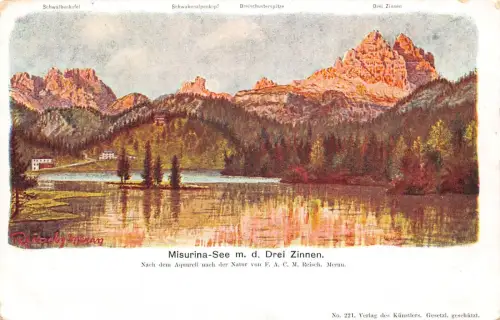 A120 Italien Künstlerkarte signiert Misurina See Drei Zinnen Gipfel Postkarte