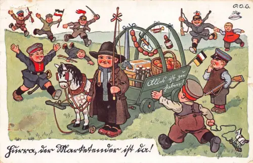 A125 Comic Humor 1916 Soldaten Kinder verlassen Krieg um Essen Wurstwagen Postkarte