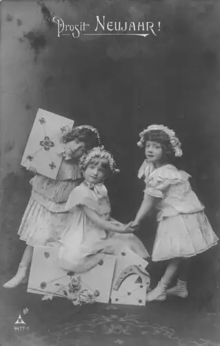 A126 Neujahrsgrüße 1909 Mädchen Briefe Kleeblatt Hufeisen Rose Postkarte