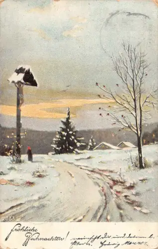 A126 Weihnachtsgrüße 1904 Winterlandschaft Kreuzstraße Tannenbaum Postkarte