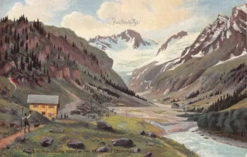A122 Österreich Künstlerkarte signiert Steinbockhütte im Floitental Zillertal Postkarte