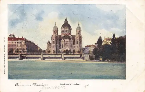 A124 Deutschland 1899 Gruss aus München Lukaskirche Kirche Vintage Postkarte
