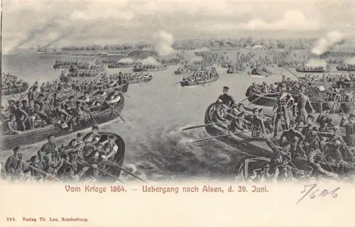 Deutschland Aus dem Krieg 1864 Überführung an Alsen Soldaten in Booten Vintage Postkarte