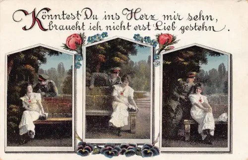 Liebe und Romantik Paar verschiedene Posen Rose Vergissmeinnicht Stiefmütterchen Postkarte