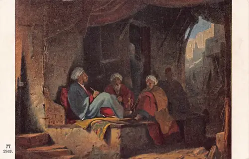 Kunst von Carl Spitzweg Naher Osten Alte Männer auf Teppich Rauchen Wasserpfeife Shisha Postkarte