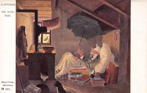 Kunst von Carl Spitzweg Armer Dichter Schreiben im Bett geöffnet Regenschirm Bücher Postkarte